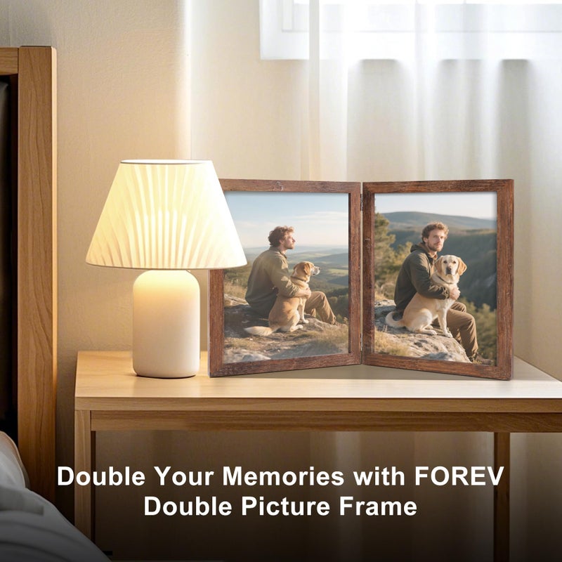 Forev 8x10 Double Picture Frame Wooden Hinged Photo Frame Definition Glass Stand Vertically on Desktop or Tabletop Rustic Wood - Image 2
